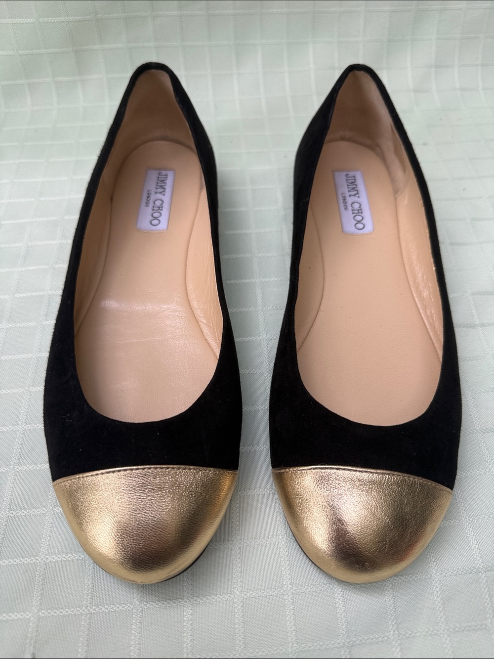 Jimmy Choo Black Suede Flats with Gold Cap Toe
